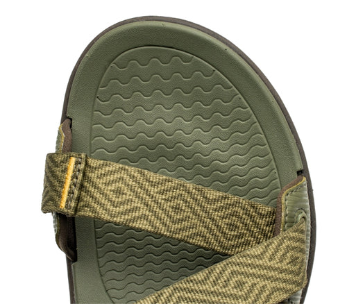 Close-up of the toe area on the KURU Footwear CURRENT Men's Sandal in OliveGreen-GoldenYellow
