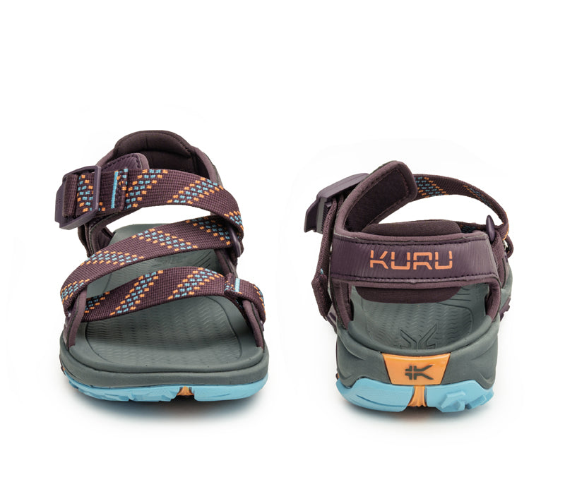 Front and back view on KURU Footwear CURRENT Women's Sandal in Plum-AquaticBlue