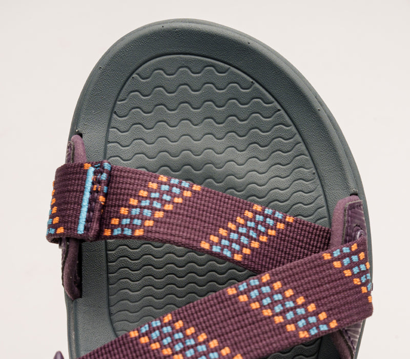 Close-up of the toe area on the KURU Footwear CURRENT Women's Sandal in Plum-AquaticBlue