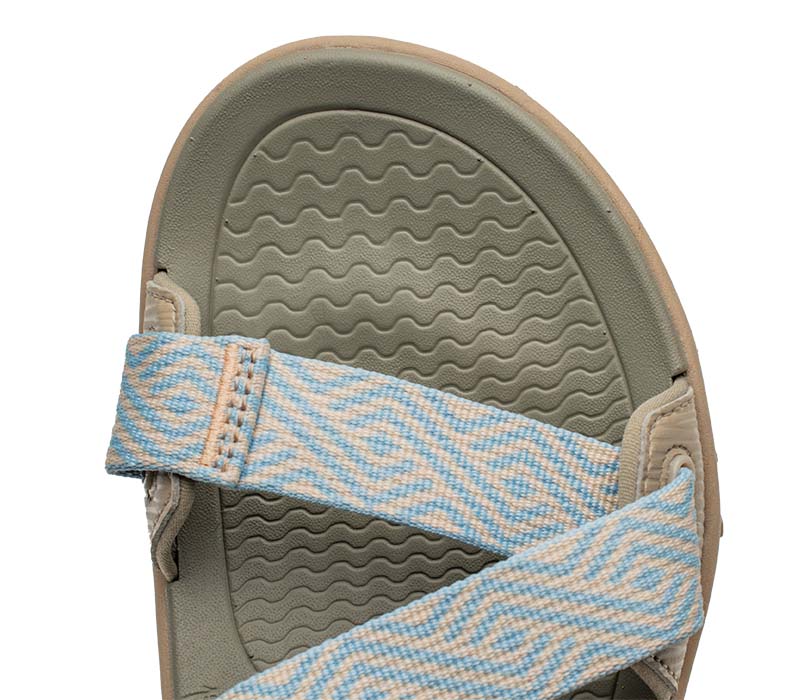 Close-up of the toe area on the KURU Footwear CURRENT Women's Sandal in Sand-MistyBlue