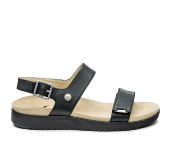 Outside profile details on the KURU Footwear GLIDE Women's Sandal in JetBlack-Sand