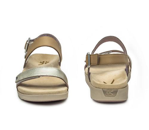 Front and back view on KURU Footwear GLIDE Women's Sandal in Taupe-Metallic