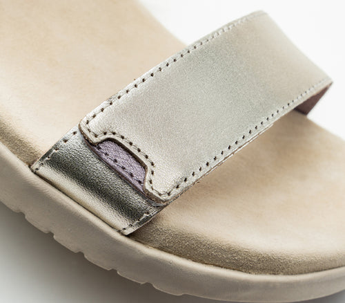 Close-up of the material on the KURU Footwear GLIDE Women's Sandal in Taupe-Metallic