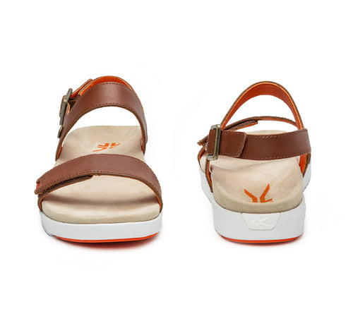 Front and back view on KURU Footwear GLIDE Women's Sandal in WalnutBrown-BloodOrange