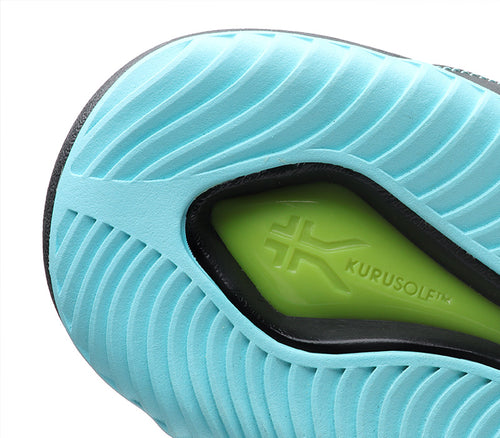 Close-up of the bottom of the heel on the KURU Footwear KALA Women's Sandal in JetBlack-BlueBreeze