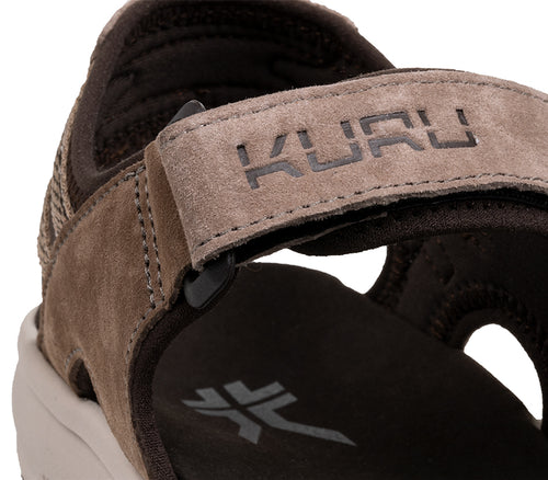 Close-up of the strap on the KURU Footwear TREAD Women's Sandals in CedarBrown-VanillaCream-PaleKhaki
