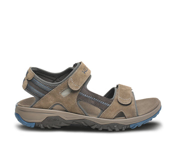 Outside profile details on the KURU Footwear TREAD Men's Sandals in DarkAsh-Mountain