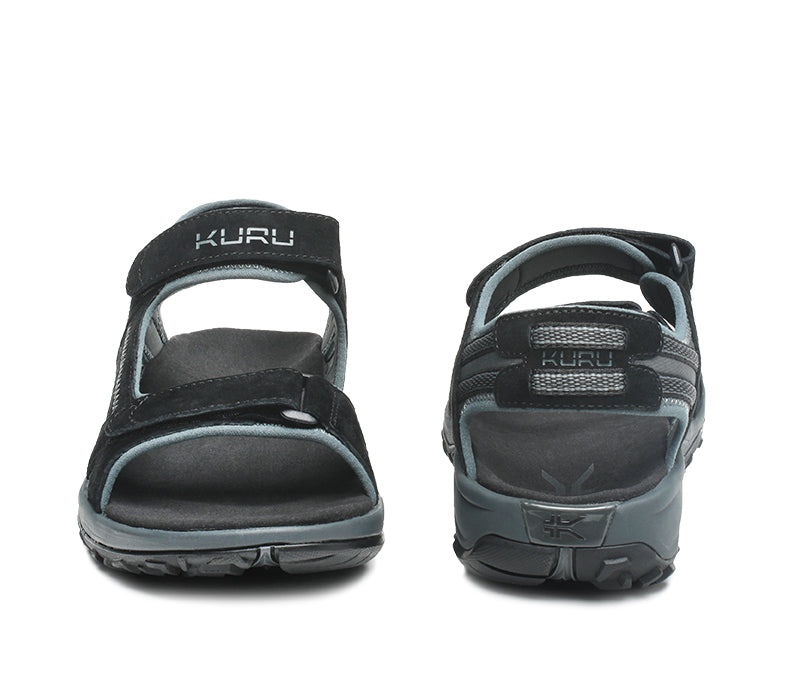 Front and back view on KURU Footwear TREAD Men's Sandals in JetBlack-EmpireSteel
