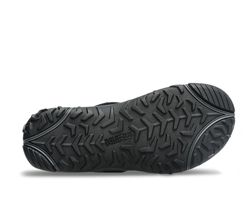 Detail of the sole pattern on the KURU Footwear TREAD Men's Sandals in JetBlack-EmpireSteel