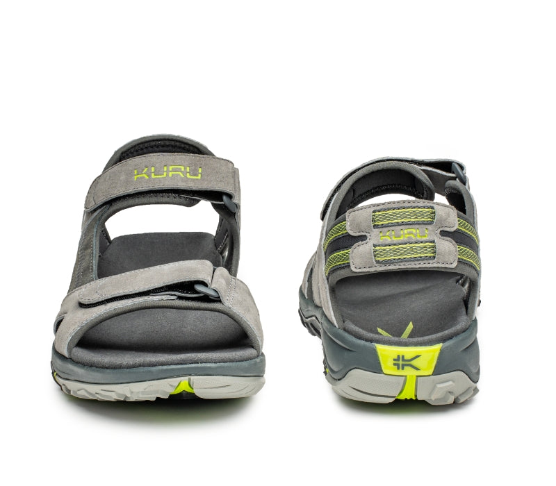 Front and back view on KURU Footwear TREAD Men's Sandals in WildDove-DarkShadow-LimeGreen