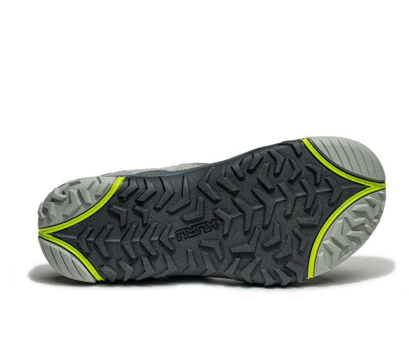 Detail of the sole pattern on the KURU Footwear TREAD Men's Sandals in WildDove-DarkShadow-LimeGreen