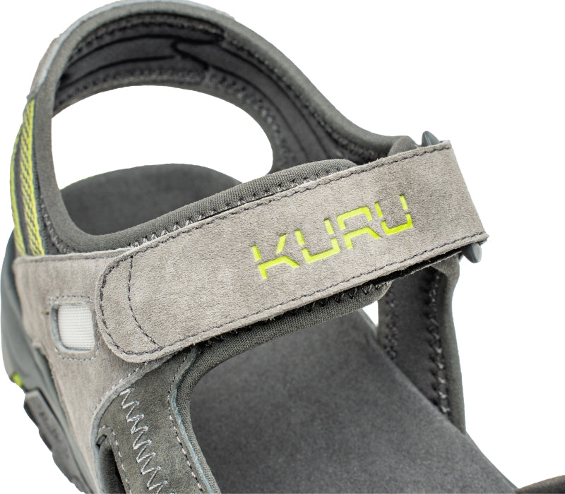 Close-up of the straps on the KURU Footwear TREAD Men's Sandals in WildDove-DarkShadow-LimeGreen