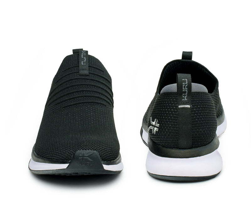 Front and back view on KURU Footwear ATOM Slip-On Men's Sneaker in JetBlack-SlateGray