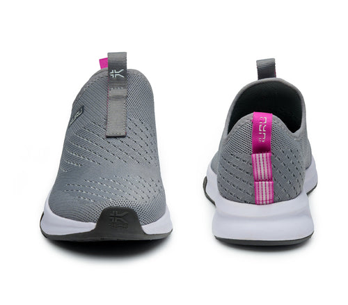 Front and back view on KURU Footwear ATOM Slip-On Women's Sneaker in StoneGray-BerryPink