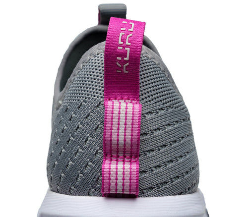 Close-up of the back on the KURU Footwear ATOM Slip-On Women's Sneaker in StoneGray-BerryPink