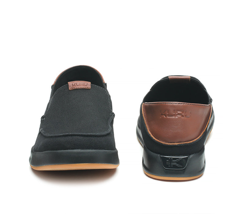 Front and back view on KURU Footwear PACE Men's Slip-on Shoe in JetBlack-RichWalnut