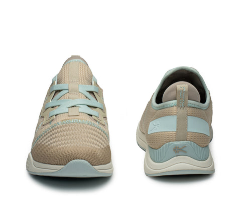 Front and back view on KURU Footwear STRIDE Move Women's Sneaker in Sand-MistBlue