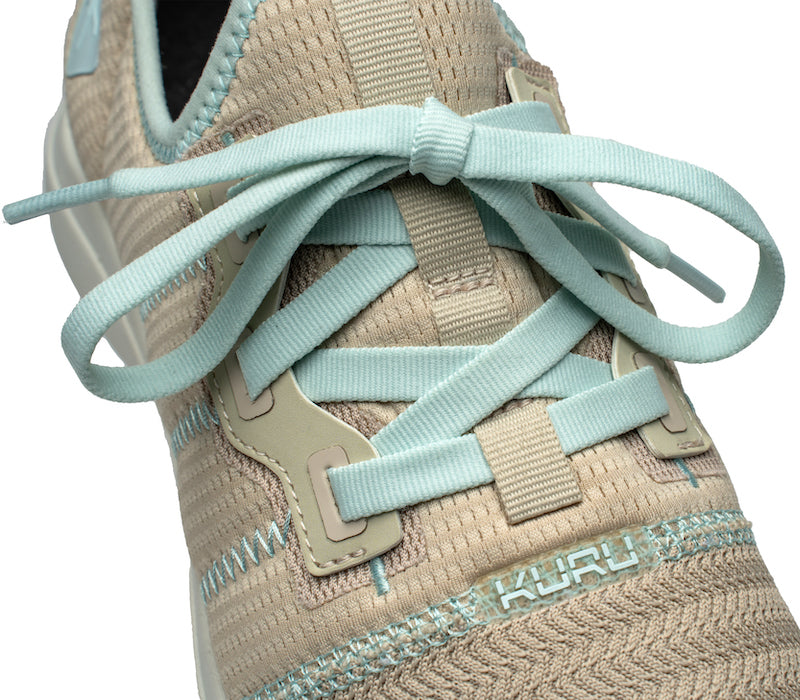 Close-up of the laces on the KURU Footwear STRIDE Move Women's Sneaker in Sand-MistBlue