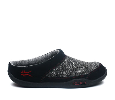 Outside profile details on the KURU Footwear DRAFT Women's Slipper in Black-RedRuby