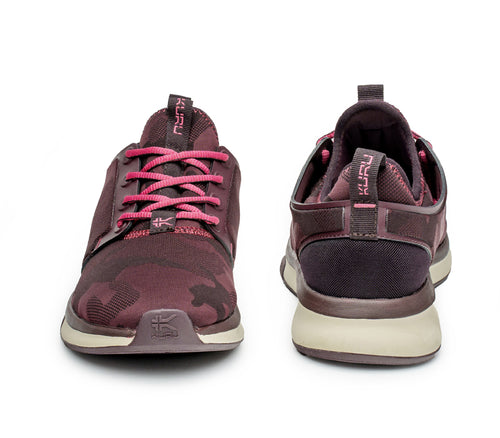 Front and back view on KURU Footwear ATOM Women's Athletic Sneaker in CamoWine-PinkSorbet