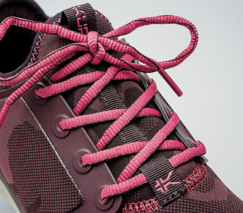Close-up of the laces on the KURU Footwear ATOM Women's Athletic Sneaker in CamoWine-PinkSorbet