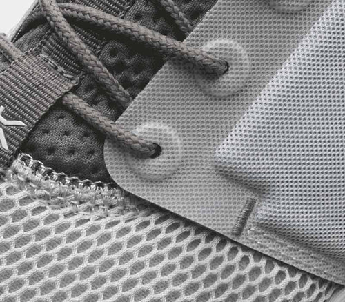 Close-up of the material on the KURU Footwear ATOM Women's Athletic Sneaker in CloudGray-White-IronGray