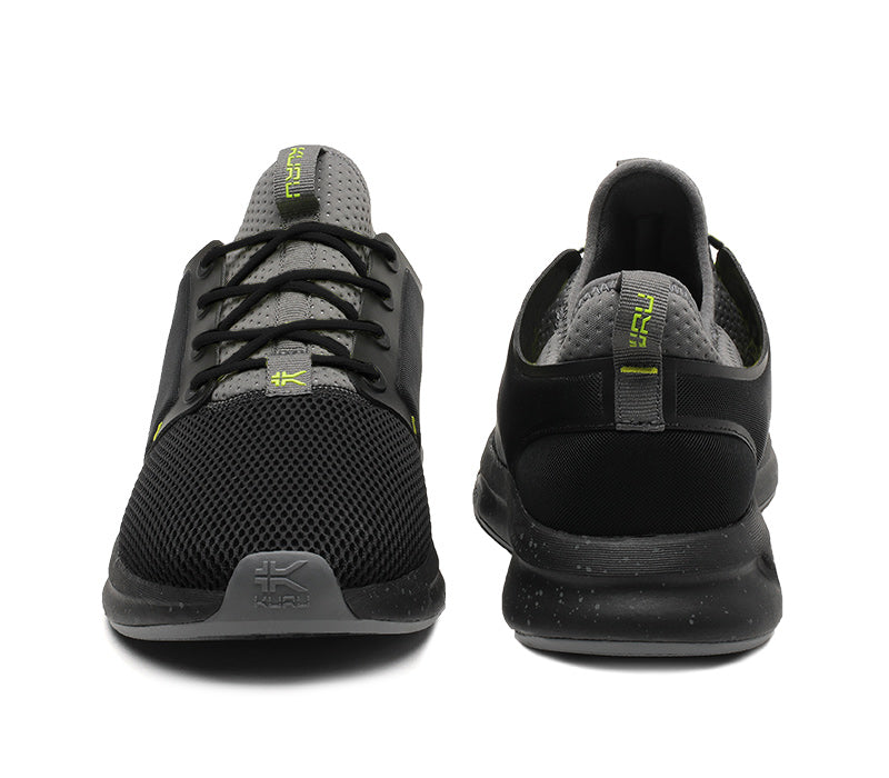 Front and back view on KURU Footwear ATOM WIDE Men's Athletic Sneaker in JetBlack-Citron