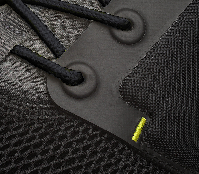 Close-up of the material on the KURU Footwear ATOM WIDE Men's Athletic Sneaker in JetBlack-Citron