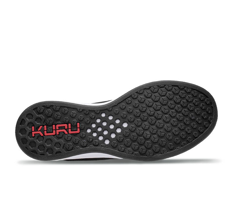 Detail of the sole pattern on the KURU Footwear ATOM WIDE Men's Athletic Sneaker in JetBlack-White-FireRed