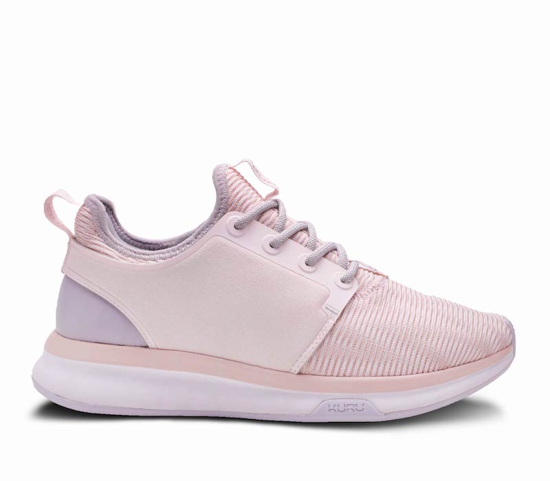 Outside profile details on the KURU Footwear ATOM Women's Athletic Sneaker in PinkSorbet-Lilac