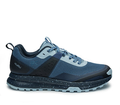 Outside profile details on the KURU Footwear ATOM Trail Women's Sneaker in BlueFog-MidnightBlue