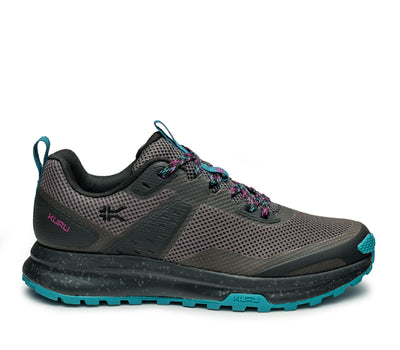 Outside profile details on the KURU Footwear ATOM Trail Women's Sneaker in JetBlack-DarkTeal