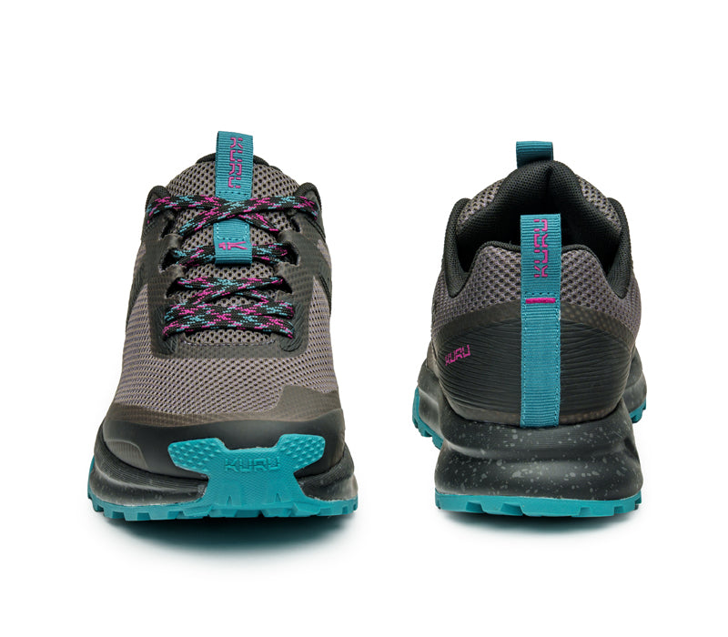 Front and back view on KURU Footwear ATOM Trail Women's Sneaker in JetBlack-DarkTeal