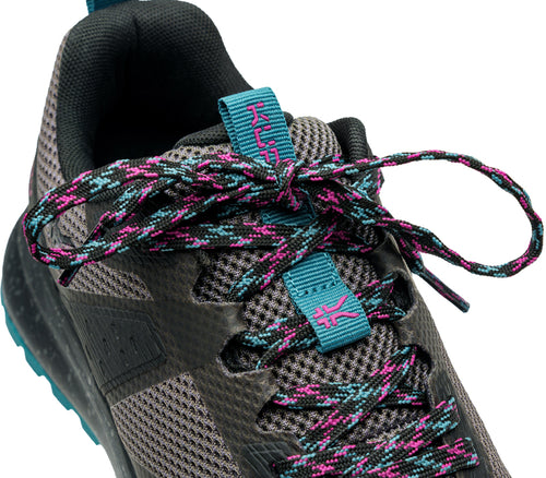 Close-up of the laces on the KURU Footwear ATOM Trail Women's Sneaker in JetBlack-DarkTeal