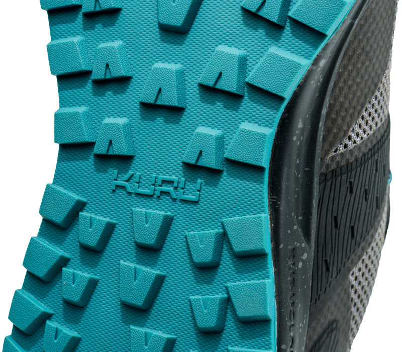 Close-up of the sole on the KURU Footwear ATOM Trail Women's Sneaker in JetBlack-DarkTeal