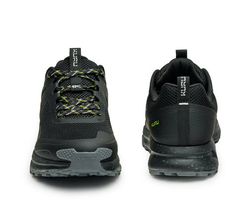 Front and back view on KURU Footwear ATOM Trail Men's Sneaker in JetBlack-KURUGreen
