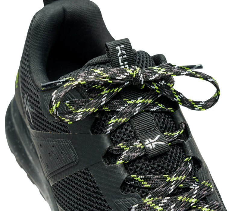 Close-up of the laces on the KURU Footwear ATOM Trail Men's Sneaker in JetBlack-KURUGreen