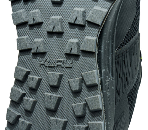 Close-up of the sole on the KURU Footwear ATOM Trail Men's Sneaker in JetBlack-KURUGreen