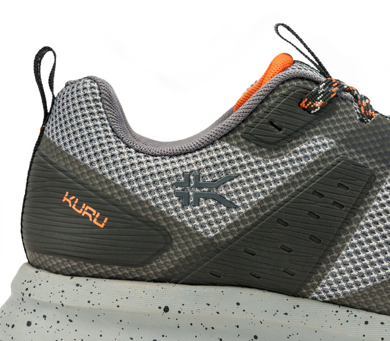 Close-up of the ankle on the KURU Footwear ATOM Trail Men's Sneaker in LeadGray-OrangeSpice