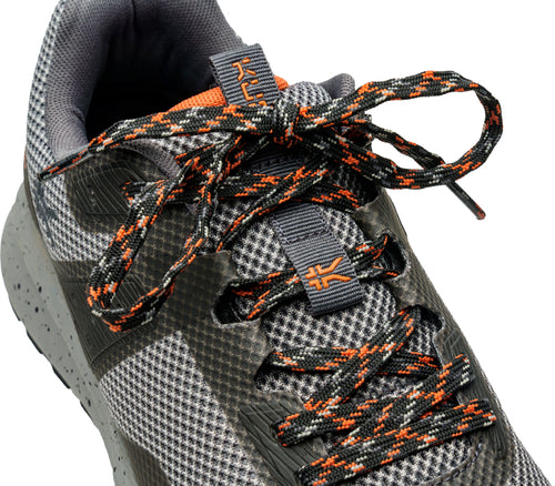 Close-up of the laces on the KURU Footwear ATOM Trail Men's Sneaker in LeadGray-OrangeSpice