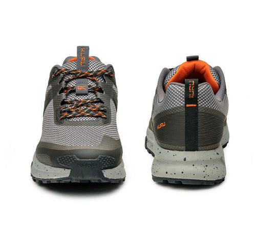 Front and back view on KURU Footwear ATOM Trail Men's Sneaker in LeadGray-OrangeSpice