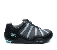 Outside profile details on the KURU Footwear CHICANE Women's Trail Hiking Shoe in Black-Delirium