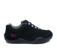 Outside profile details on the KURU Footwear CHICANE Women's Trail Hiking Shoe in JetBlack-Boysenberry