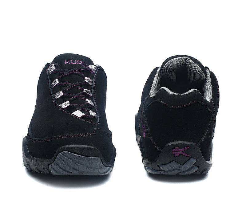 Front and back view on KURU Footwear CHICANE Women's Trail Hiking Shoe in JetBlack-Boysenberry