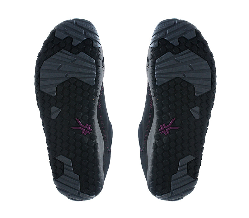 Detail of the sole pattern on the KURU Footwear CHICANE Women's Trail Hiking Shoe in JetBlack-Boysenberry