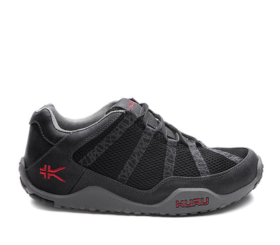 Outside profile details on the KURU Footwear CHICANE Men's Trail Hiking Shoe in JetBlack-CardinalRed