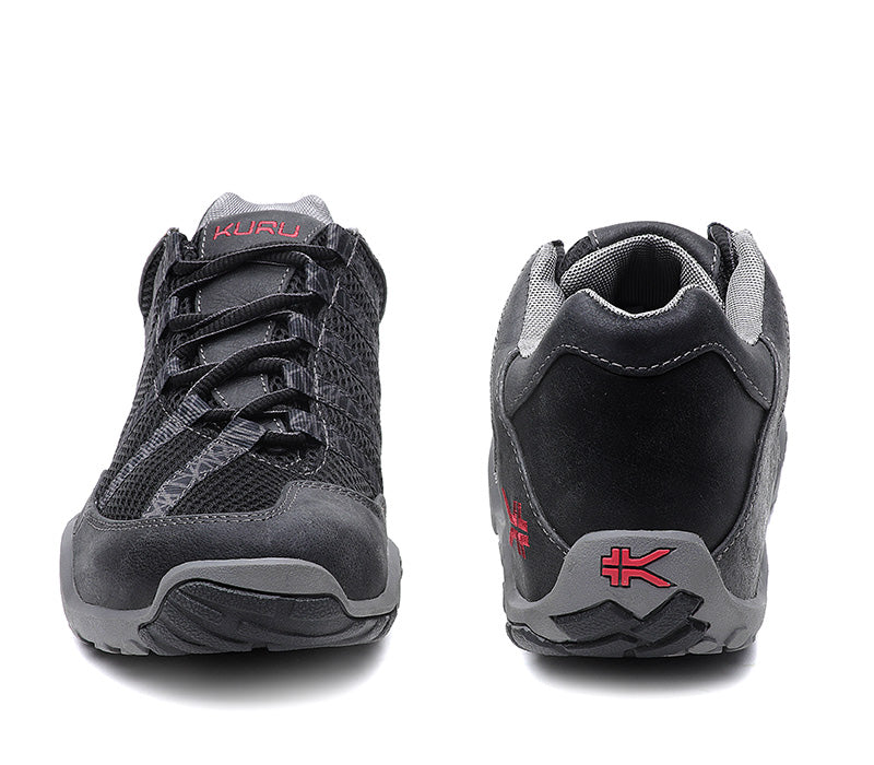 Front and back view on KURU Footwear CHICANE Men's Trail Hiking Shoe in JetBlack-CardinalRed