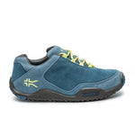 Outside profile details on the KURU Footwear CHICANE Women's Trail Hiking Shoe in MineralBlue-PaleLime