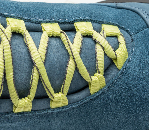 Close-up of the material on the KURU Footwear CHICANE Women's Trail Hiking Shoe in MineralBlue-PaleLime