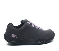 Outside profile details on the KURU Footwear CHICANE Women's Trail Hiking Shoe in SmokeGray-JetBlack-Violet